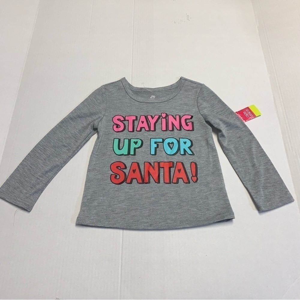 Okie Dokie Toddler Graphic Shirt 2T Long Sleeve Gray "Staying Up For Santa" NWT